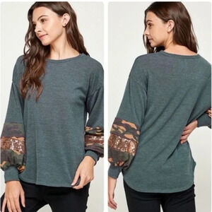 Dark Green Camo Sequin Sleeve Top | Long Sleeve Casual Blouse